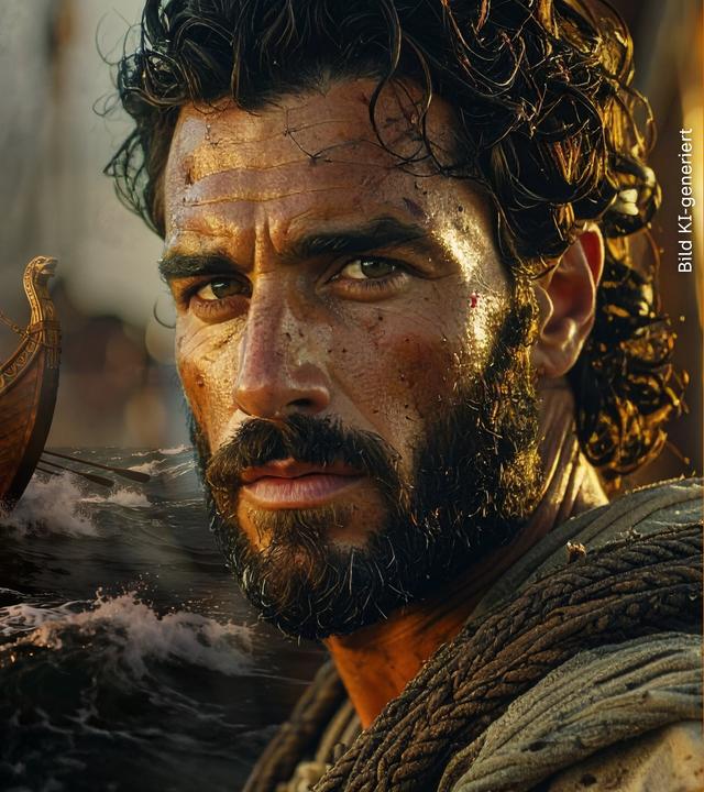Rechts befindet sich eine Nahaufnahme von Odysseus mit entschlossenem Blick, links ein Schiff mit Besatzung, das über Wellen fährt. KI-generiert.