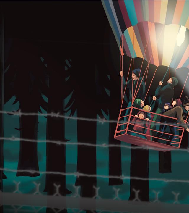 Flucht mit Heißluftballon mit Zaun und Stacheldraht im Hintergrund und Suchscheinwerfer