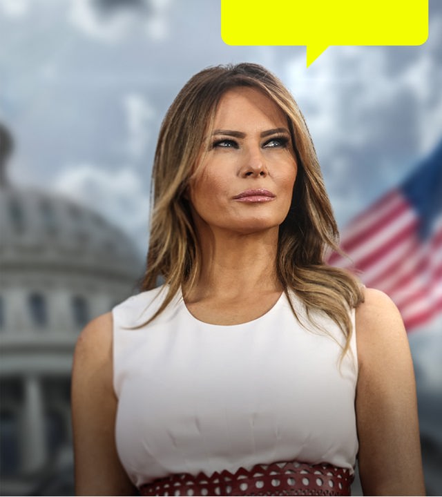 Melania Trump mit USA Flagge und dem Weißen Haus im Hintergrund
