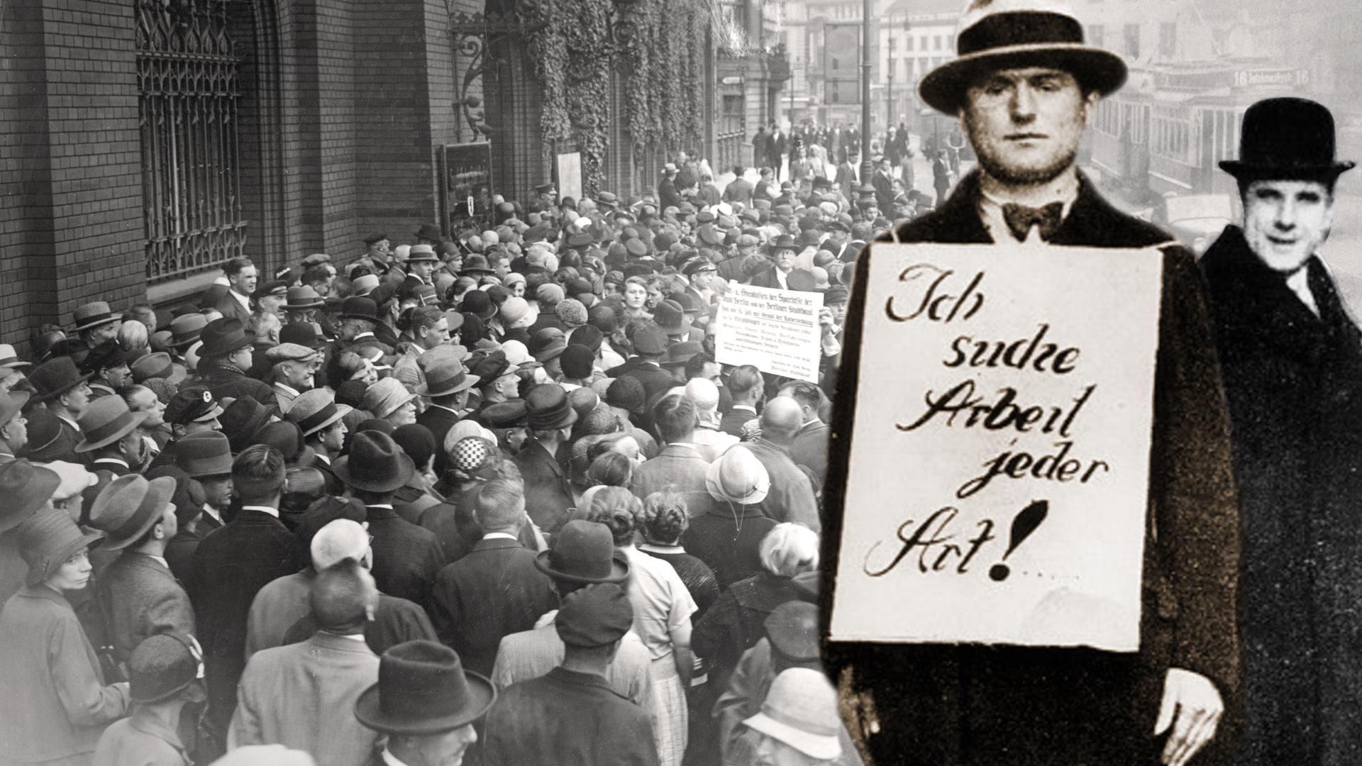 1931, Ein Arbeitsloser in einer Strasse von Berlin mit umgehängten Plakat "Ich suche Arbeit jeder Art!" Im Hintergrund eine Menschenmenge vor der Filiale der Stadtsparkasse.