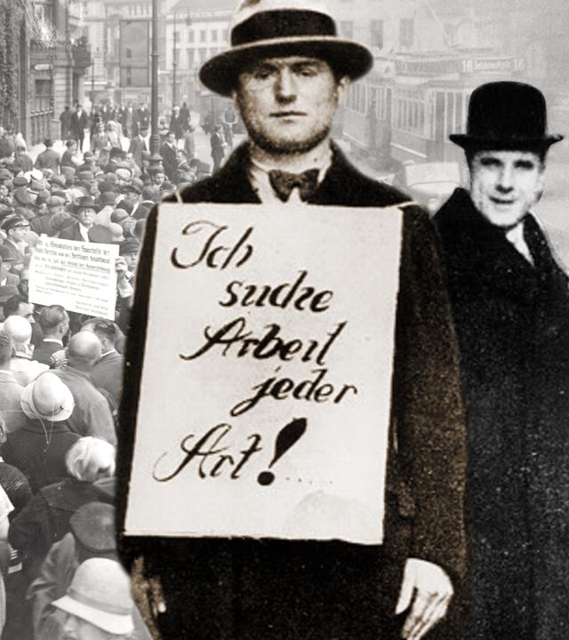 1931, Ein Arbeitsloser in einer Strasse von Berlin mit umgehängten Plakat "Ich suche Arbeit jeder Art!" Im Hintergrund eine Menschenmenge vor der Filiale der Stadtsparkasse.