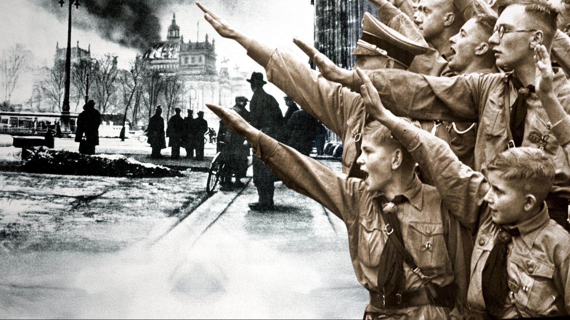 Junge Nationalsozialisten machen den Hitlergruß, im Hintergrund der brennende Reichstag.