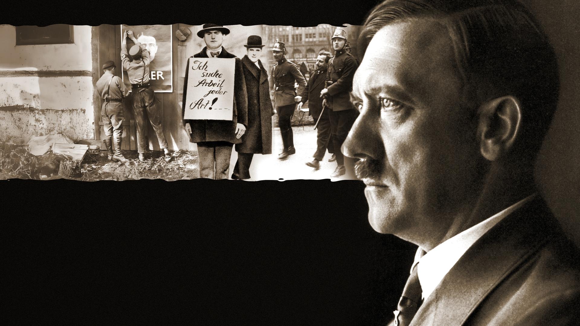 Portrait von Hitler im Profil; daneben Collage mit Verhaftungen nach Demonstrationen, Arbeitssuchendem mit Schlid und Befestigung des Wahlplakates