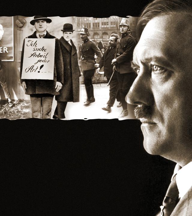 Portrait von Hitler im Profil; daneben Collage mit Verhaftungen nach Demonstrationen, Arbeitssuchendem mit Schlid und Befestigung des Wahlplakates