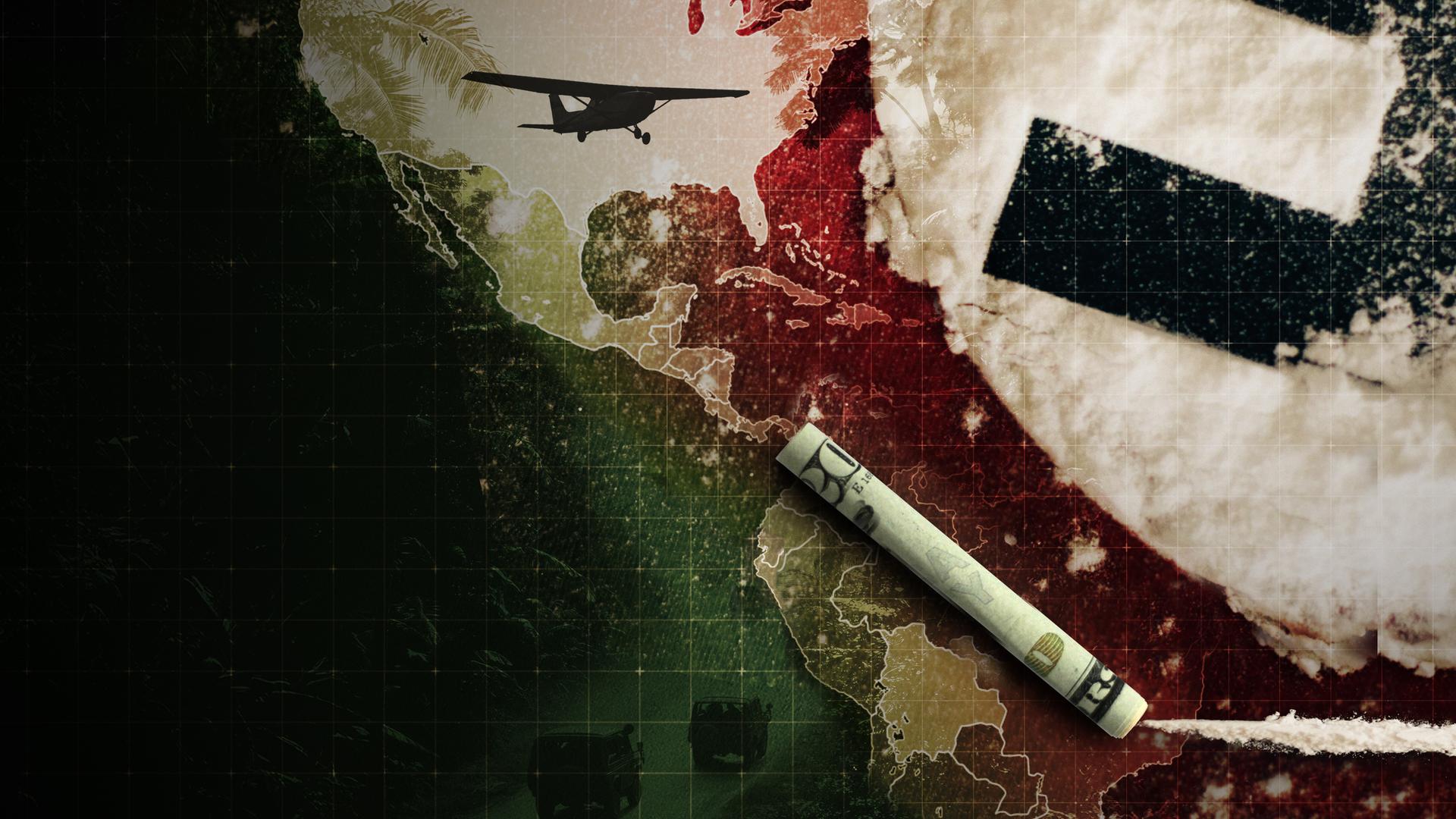 Montage: Eine Landkarte auf der ein zusammengerollter Dollarschein liegt und über die ein Flugzeug fliegt, rechts ob ein Teil eines schwarzen Hakenkreuzes auf eißem Untergrund.