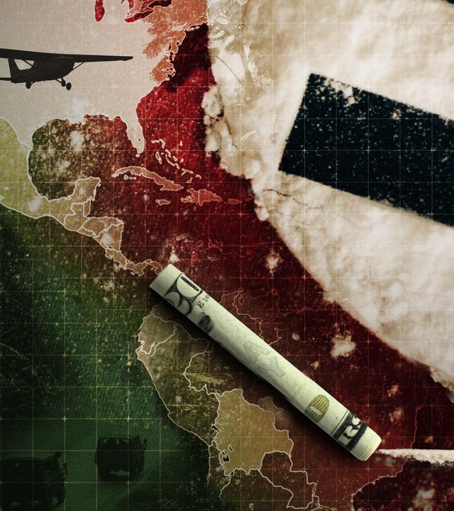 Montage: Eine Landkarte auf der ein zusammengerollter Dollarschein liegt und über die ein Flugzeug fliegt, rechts ob ein Teil eines schwarzen Hakenkreuzes auf eißem Untergrund.