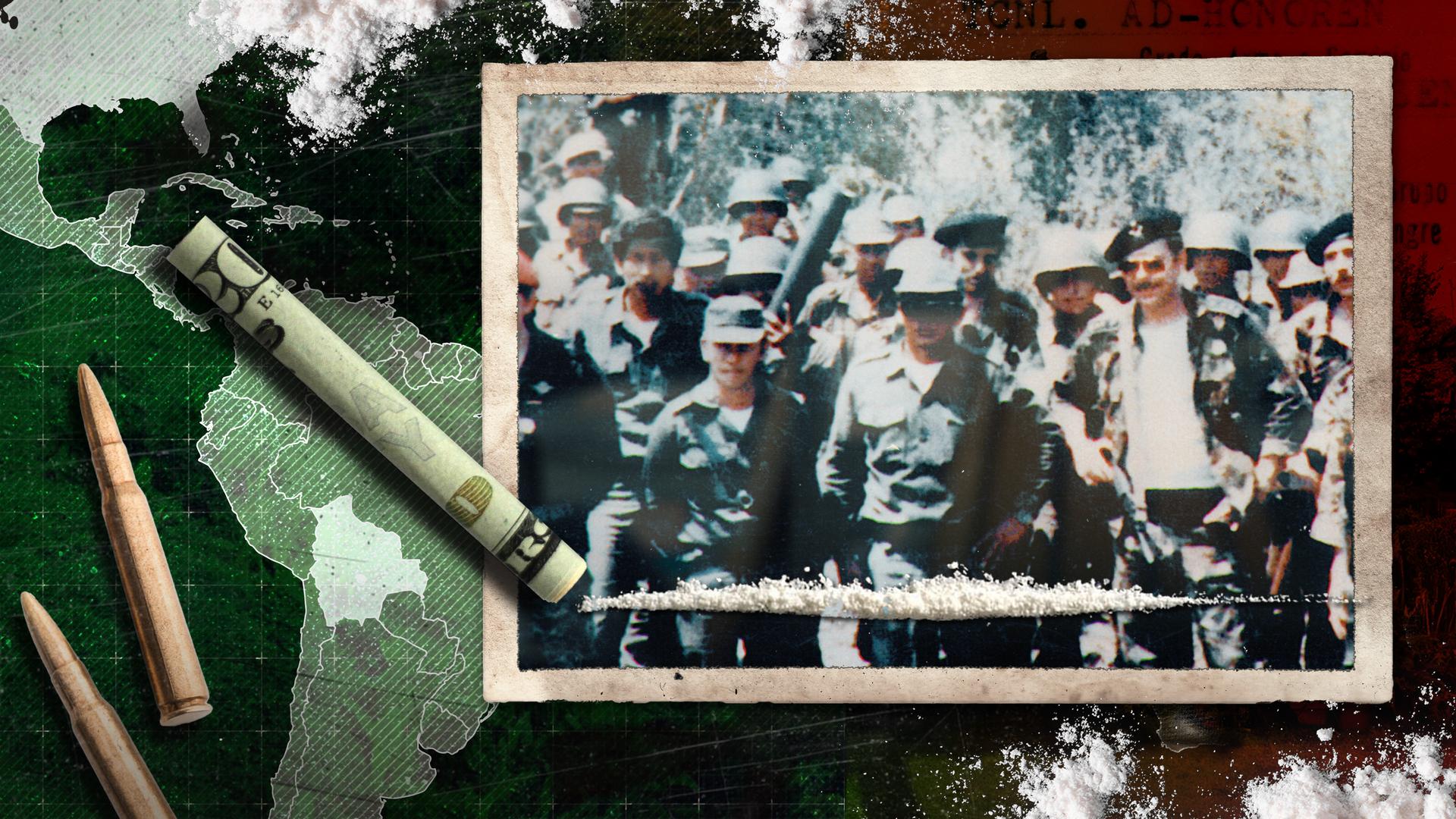 Foto einer Militärgruppe vor einer KArte von Amerika mit Patronen und gerollter Geldschein mit Kokslinie