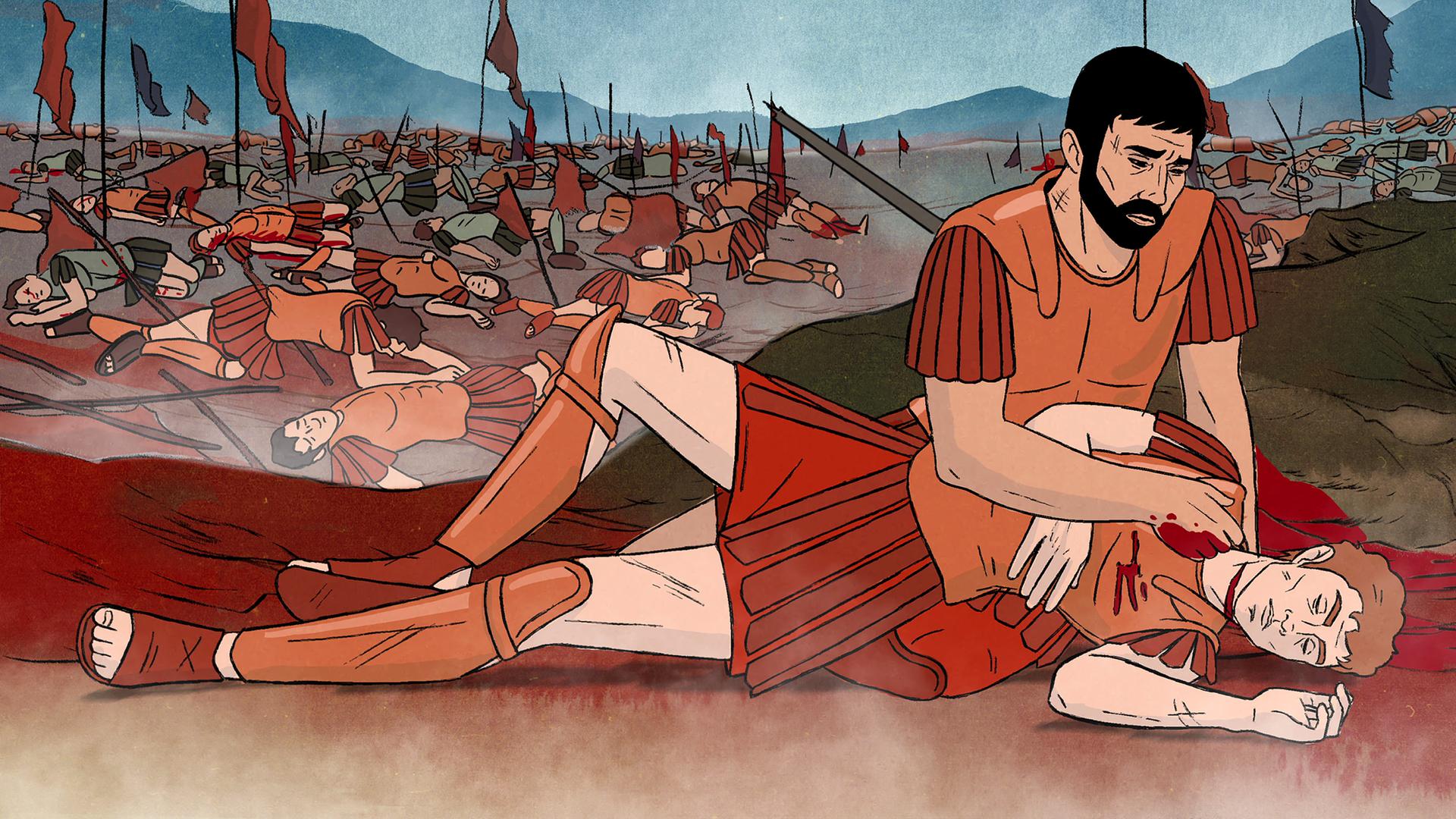 Animation: Tote Soldaten liegen auf einem antiken Schlachtfeld. Im Vordergrund beugt sich ein Soldat über einen tödlich verletzten Kameraden