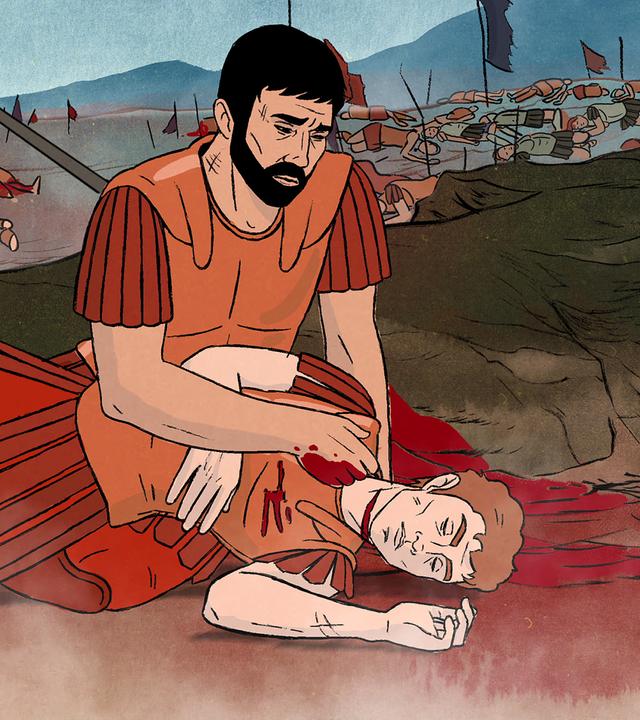 Animation: Tote Soldaten liegen auf einem antiken Schlachtfeld. Im Vordergrund beugt sich ein Soldat über einen tödlich verletzten Kameraden