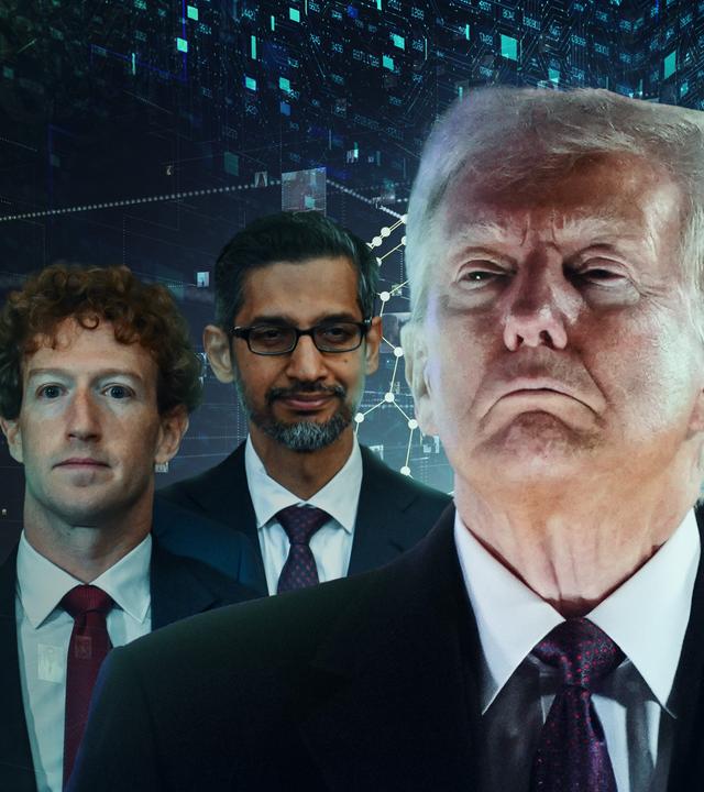 Elon Musk, Mark Zuckerberg, Donald J. Trump und Sundar Pichar mit Datenmengen im HIntergrund