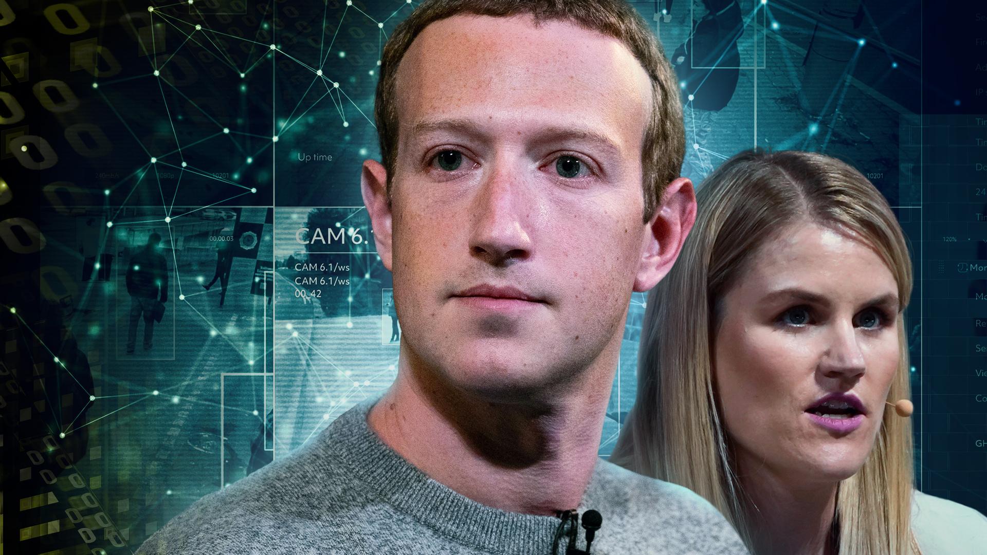 Mark Zuckerberg und Frances Haugen mit Datenmengen im Hintergrund.
