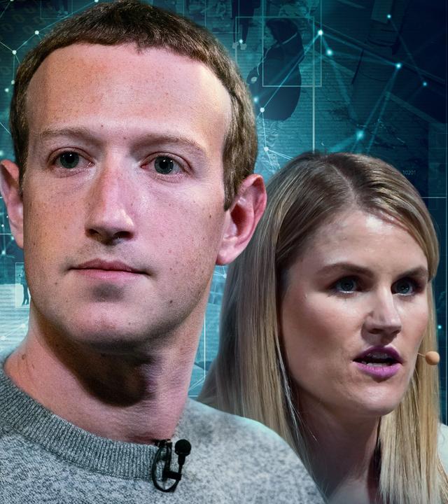 Mark Zuckerberg und Frances Haugen mit Datenmengen im Hintergrund.