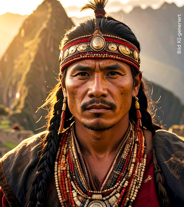 Portrait eines Inkaherrschers, der ernst in die Kamera blickt (KI-generiert). Im Hintergrund befindet sich der Machu Picchu, links ist eine Sonnenscheibe der Inka eingeblendet.