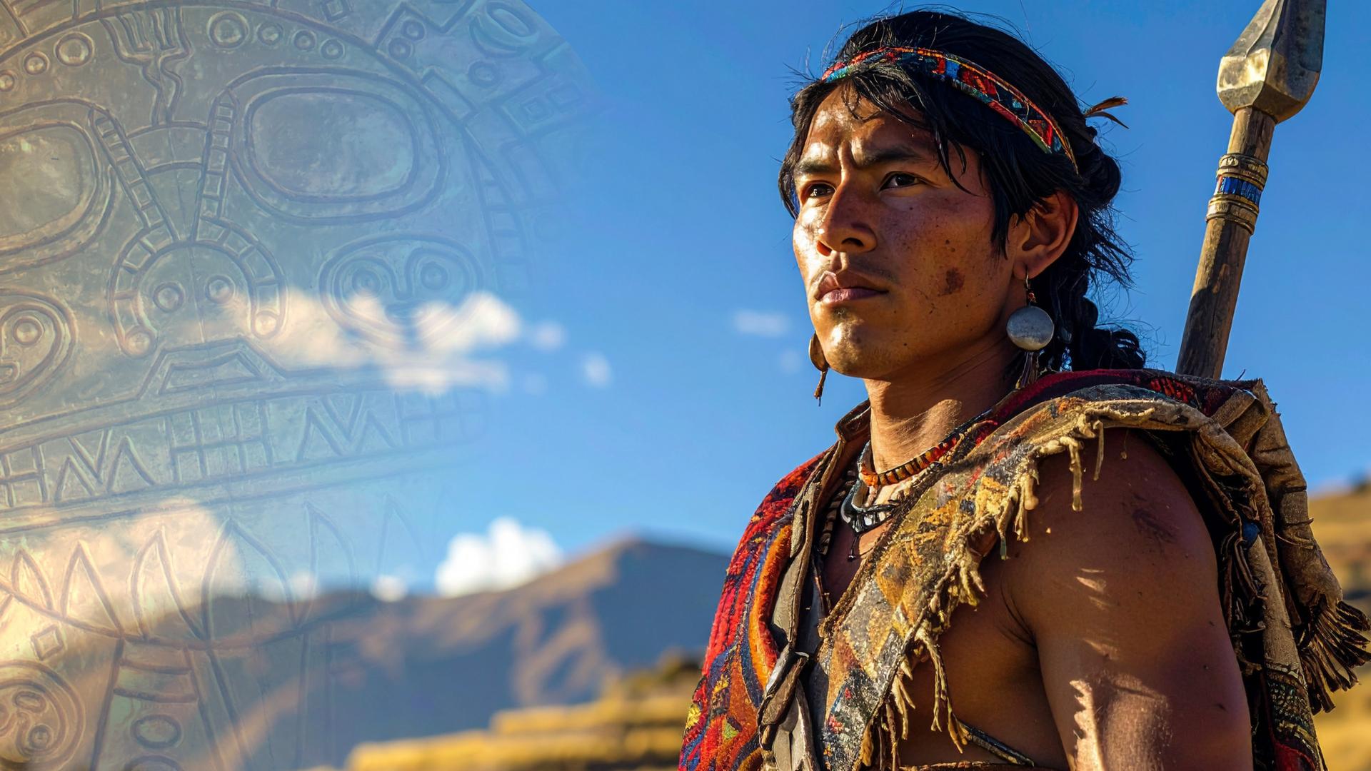 Neben der Portraitaufnahme eines Inkakriegers, der in einer Berglandschaft steht und ernst in die Ferne blickt, liegt das Muster einer Sonnenscheibe der Inka.