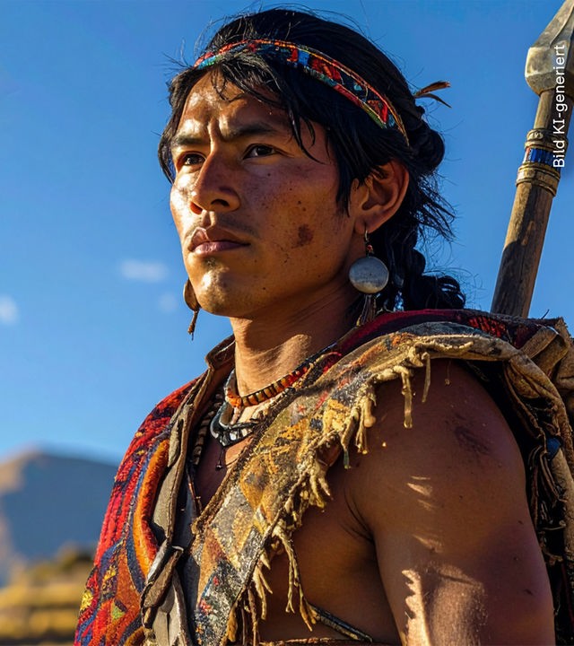 Neben der Portraitaufnahme eines Inkakriegers, der in einer Berglandschaft steht und ernst in die Ferne blickt, liegt das Muster einer Sonnenscheibe der Inka.