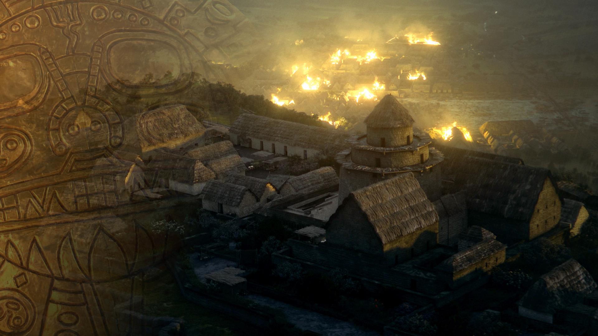 Ein computergeneriertes Bild einer brennende Inkastadt bei Nacht wird an der Seite überlagert von dem Muster einer Sonnenscheibe der Inka.