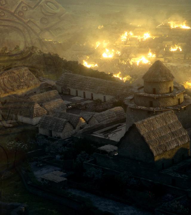 Ein computergeneriertes Bild einer brennende Inkastadt bei Nacht wird an der Seite überlagert von dem Muster einer Sonnenscheibe der Inka.