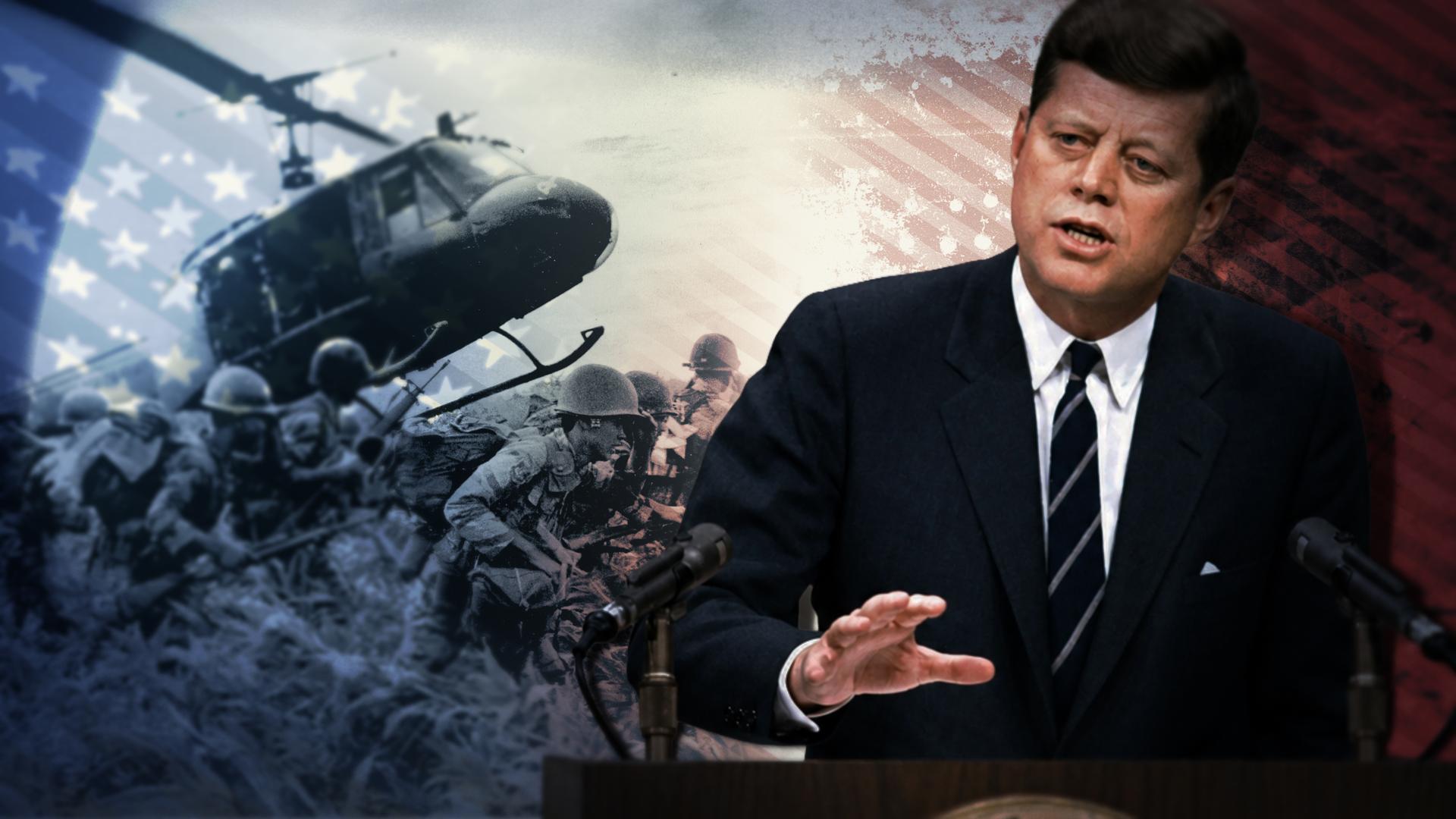 Rechts John F. Kennedy während einer Rede, links eine Aufname aus dem Vietnamkrieg mit Soldaten und einem Helikopter.