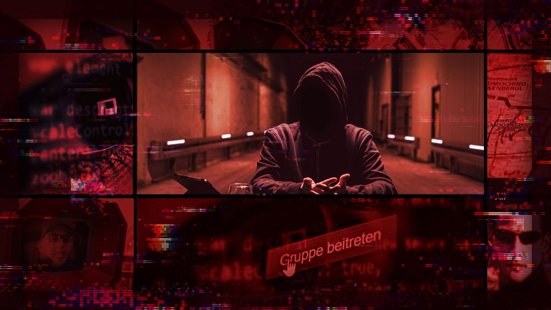 Collage in rot mit dem Täter als vermummte Gestalt in der Mitte.