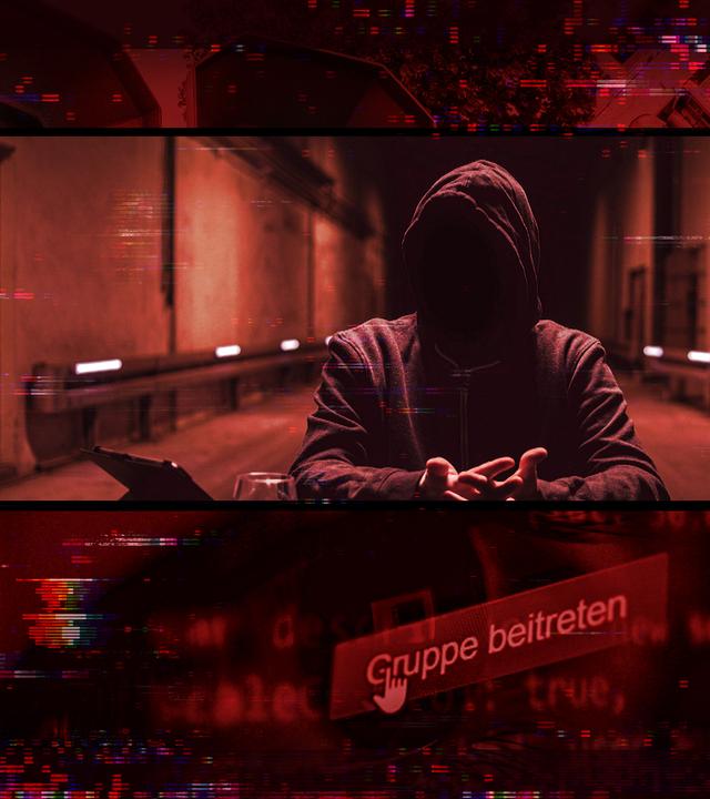 Collage in rot mit dem Täter als vermummte Gestalt in der Mitte.