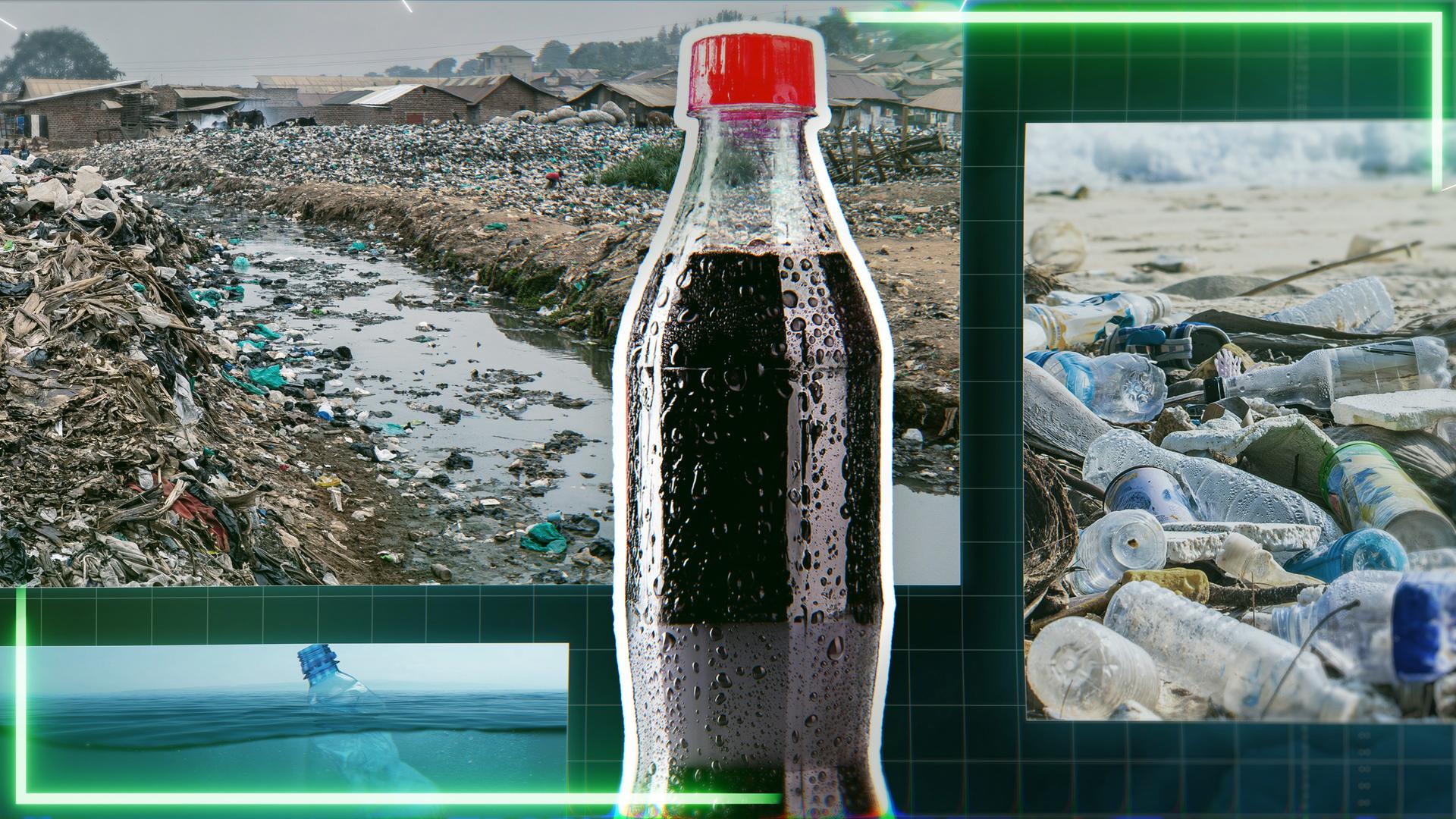 Plastikmüll mit einer Cola-Flasche im Vordergrund