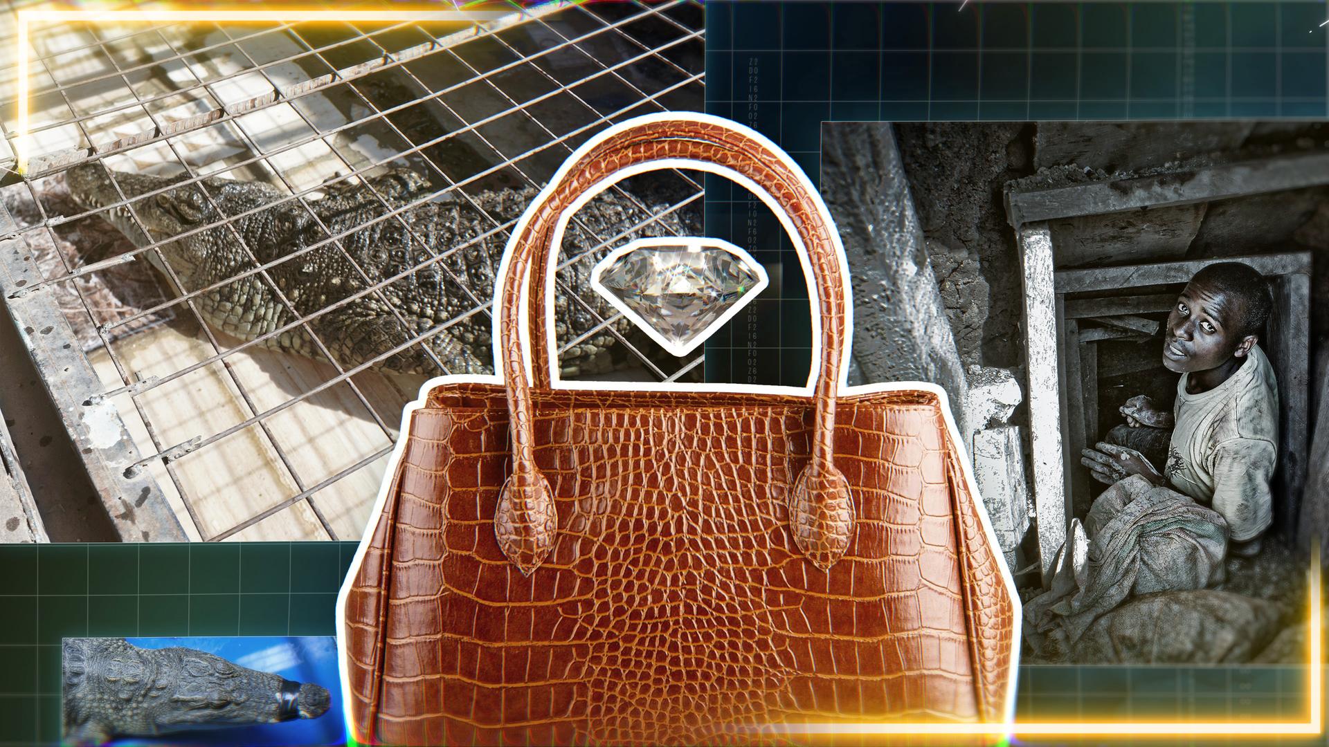 Designertasche mit Bildern aus einer Mine und Krokodilen im Hintergrund