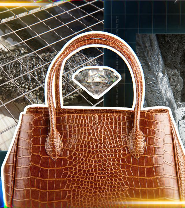 Designertasche mit Bildern aus einer Mine und Krokodilen im Hintergrund