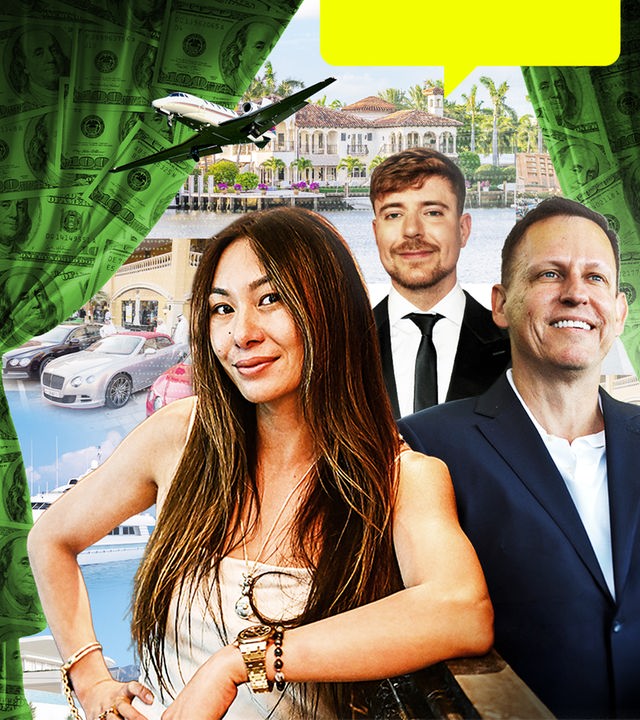 Lucy Guo, Peter Thiel & Mr. Beast vor einer Collage zu Luxus & Reichtum