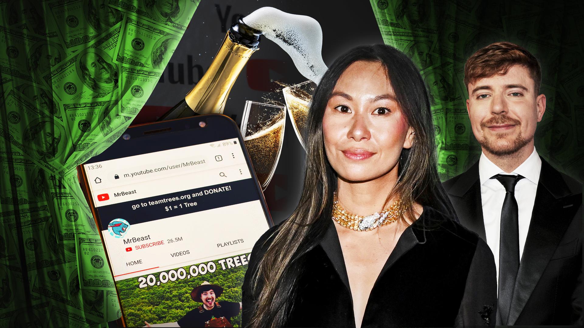 Lucy Guo und Mr. Beast mit YT-Screen und Champagner im Hintergrund