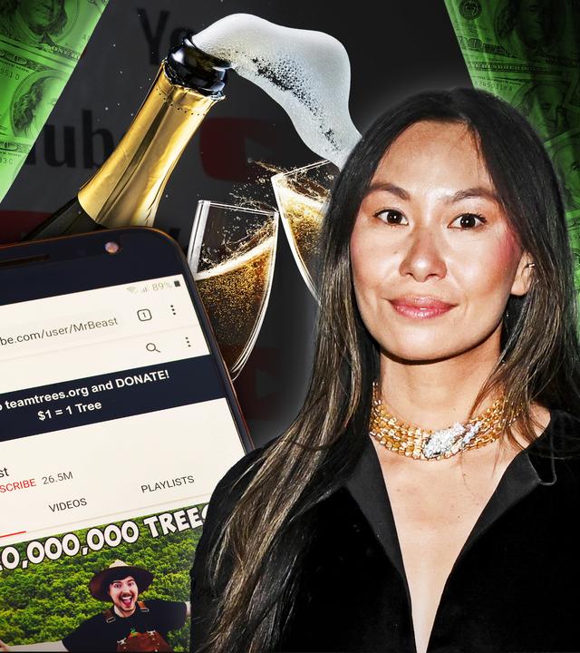 Lucy Guo und Mr. Beast mit YT-Screen und Champagner im Hintergrund