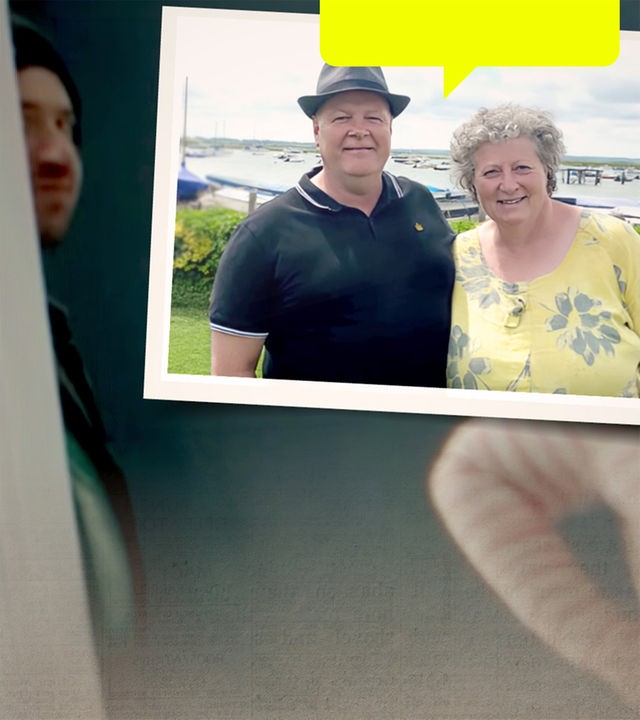 Im Vordergrund ein Schnappschuss des Ehepaars Baxter auf Mersea Island. Im Hintergrund Luke D´Wit,