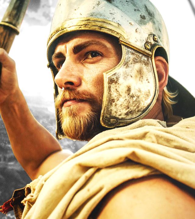 Portrait eines makedonischen Kriegers aus dem 4.Jahrhundert v.Chr.. Im Hintergrund eine Totale der Schlacht von Issos.