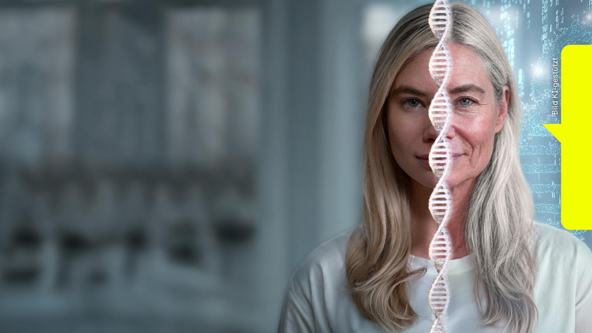Eine Collage mit einer jungen und älteren Frau, dazwischen ein DNA-Strang 