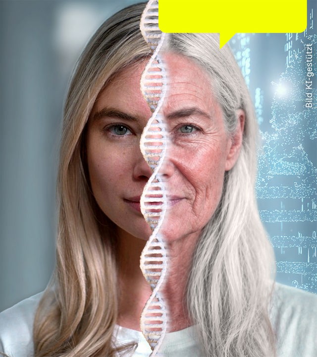 Eine Collage mit einer jungen und älteren Frau, dazwischen ein DNA-Strang 