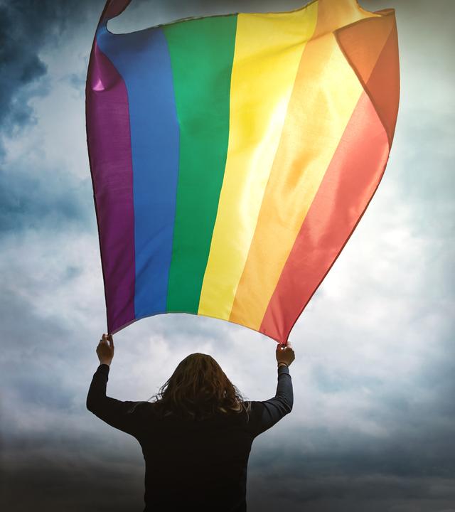 Silhouette einer Person, die mit ausgestreckten Armen eine große Regenbogenfahne über sich hält. Im Hintegrund sind schemenhaft weitere Personen zu erkennen.