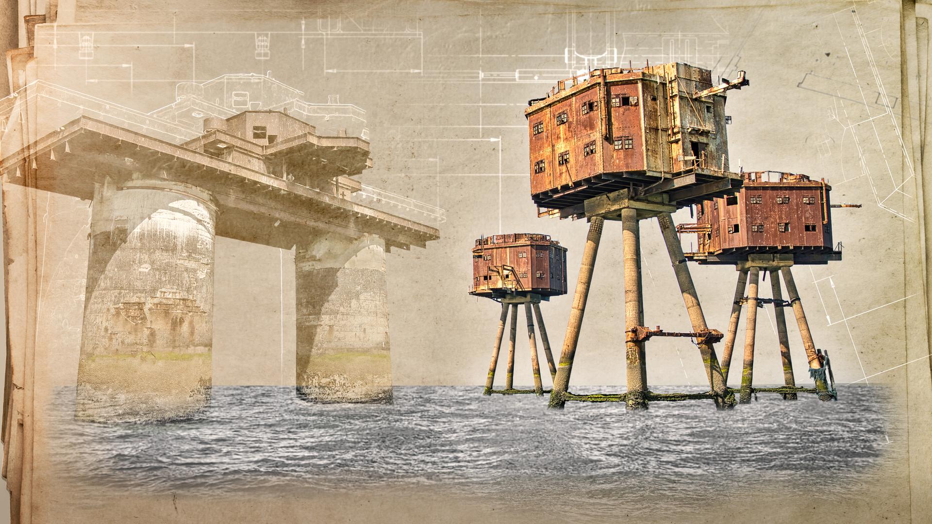 Illustration mehrerer historischer Festungstürme auf Stelzen im Wasser neben einer steinernen Brücke und Befestigungsanlage.