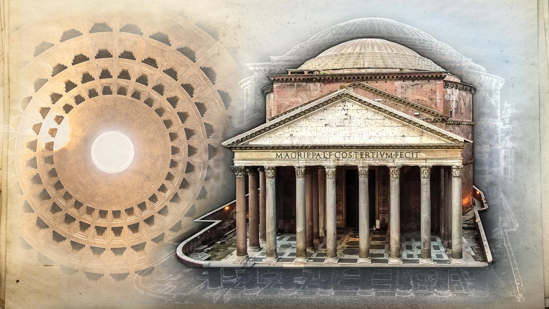 Illustration des Pantheons in Rom mit seiner Säulenfassade und Kuppel. Im Hintergrund ist stilisiert das Kuppelinnere des Bauwerks dargestellt.