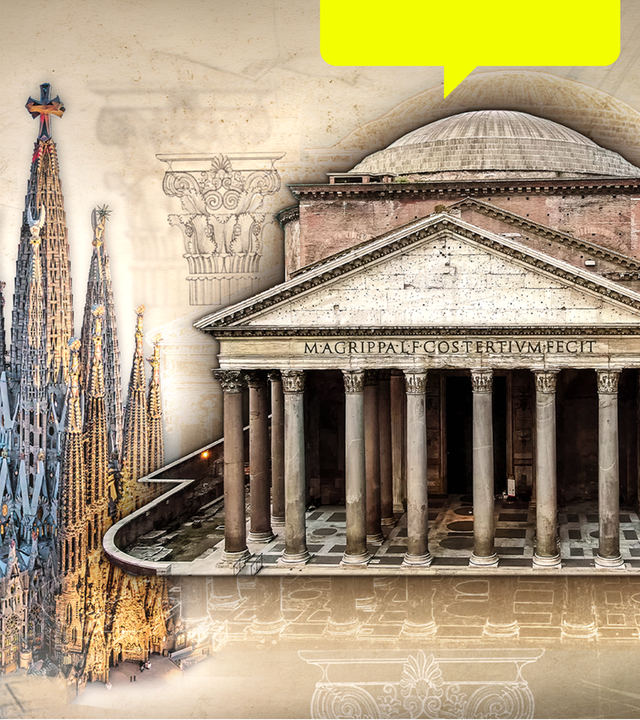 Pantheon und Sagrada Familia mit architektonischen Zeichnungen im Hintergrund