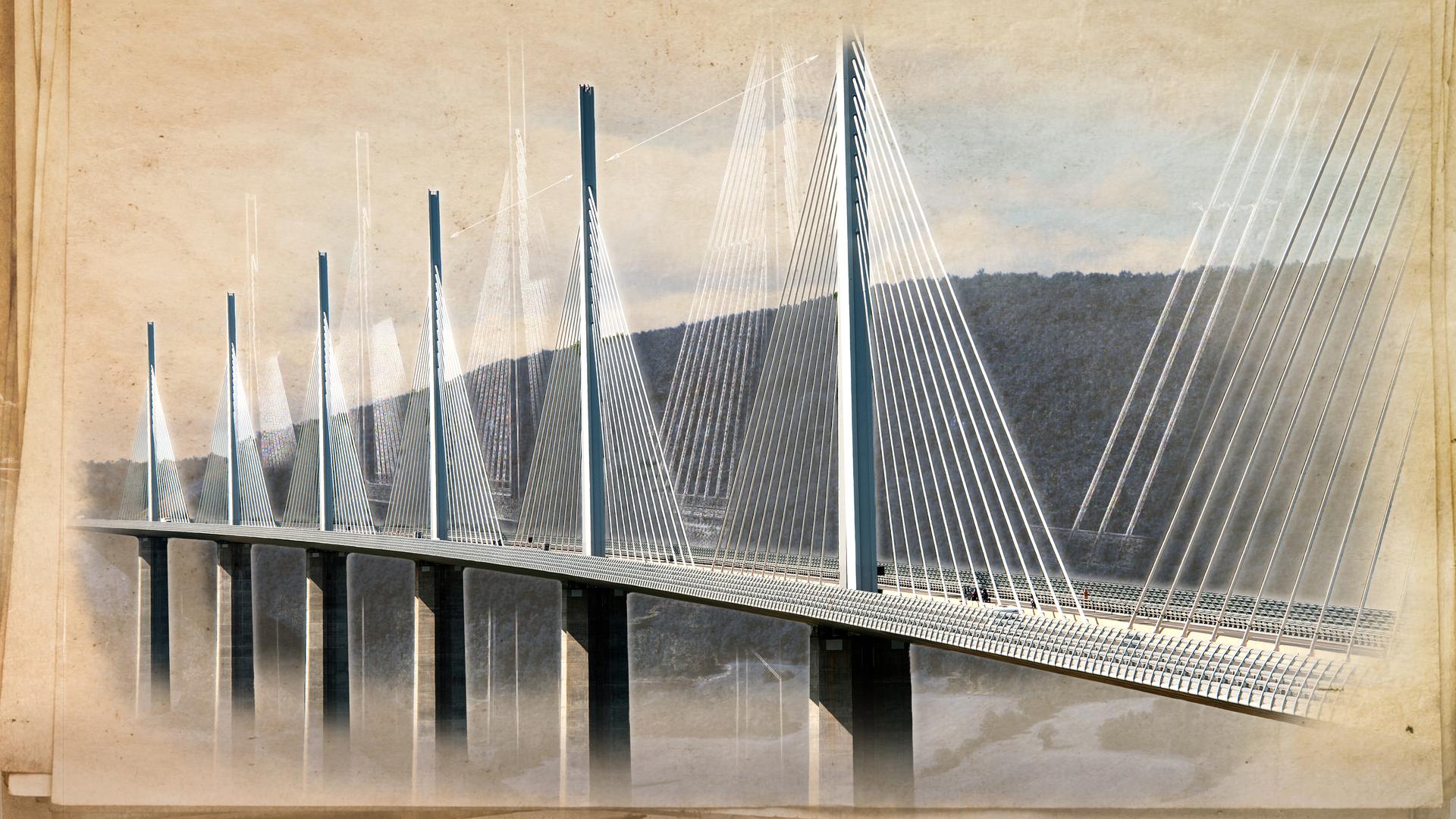 Illustration einer modernen Schrägseilbrücke mit mehreren Brückenpfeilern und Tragseilen, die ein breites Gewässer überspannt.