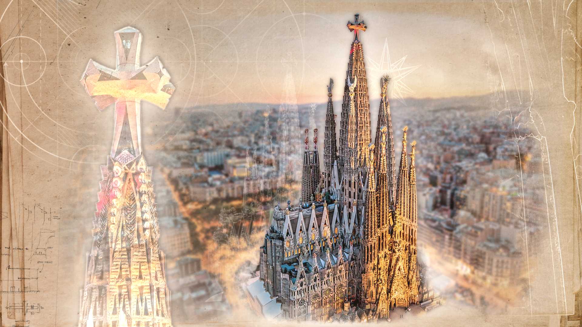 Illustration der Türme der Sagrada Familia in Barcelona. Im Vordergrund ist ein Turm mit einem verzierten Kreuz zu sehen, im Hintergrund die Stadt.