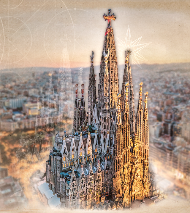 Illustration der Türme der Sagrada Familia in Barcelona. Im Vordergrund ist ein Turm mit einem verzierten Kreuz zu sehen, im Hintergrund die Stadt.