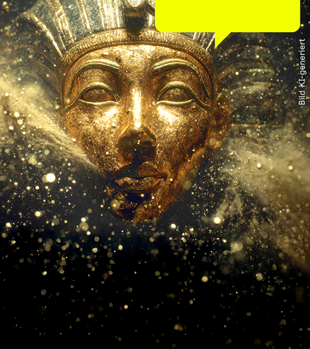 Zu sehen ist die Totenmaske Ramses II. vor schwarzem Hintergrund, Sand wirbelt durchs Bild.