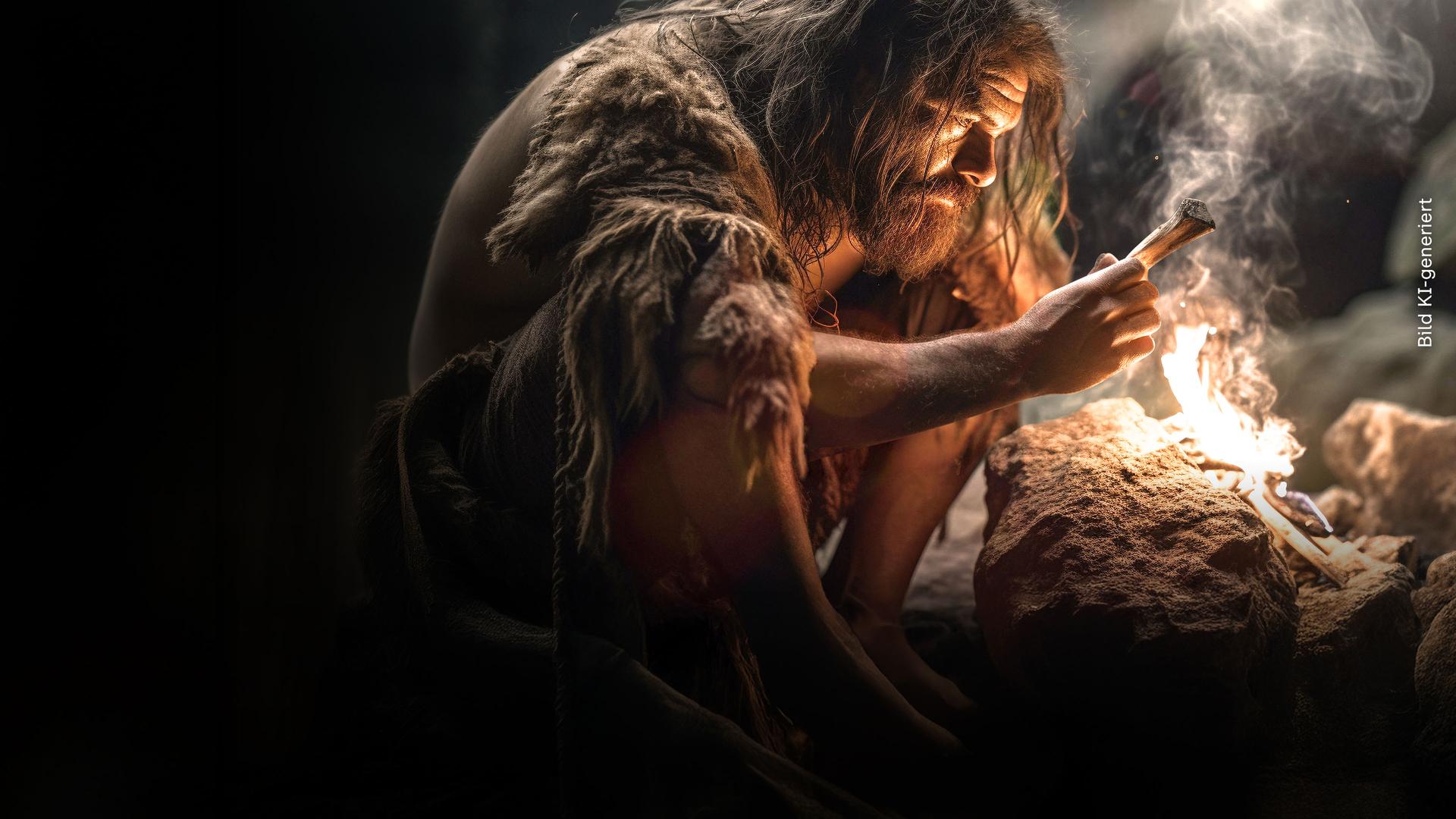 Ein Steinzeitmensch in einer Höhle, vor ihm ein kleines Feuer. Er betrachtet einen abgenagten Knochen, den er in der Hand hält.