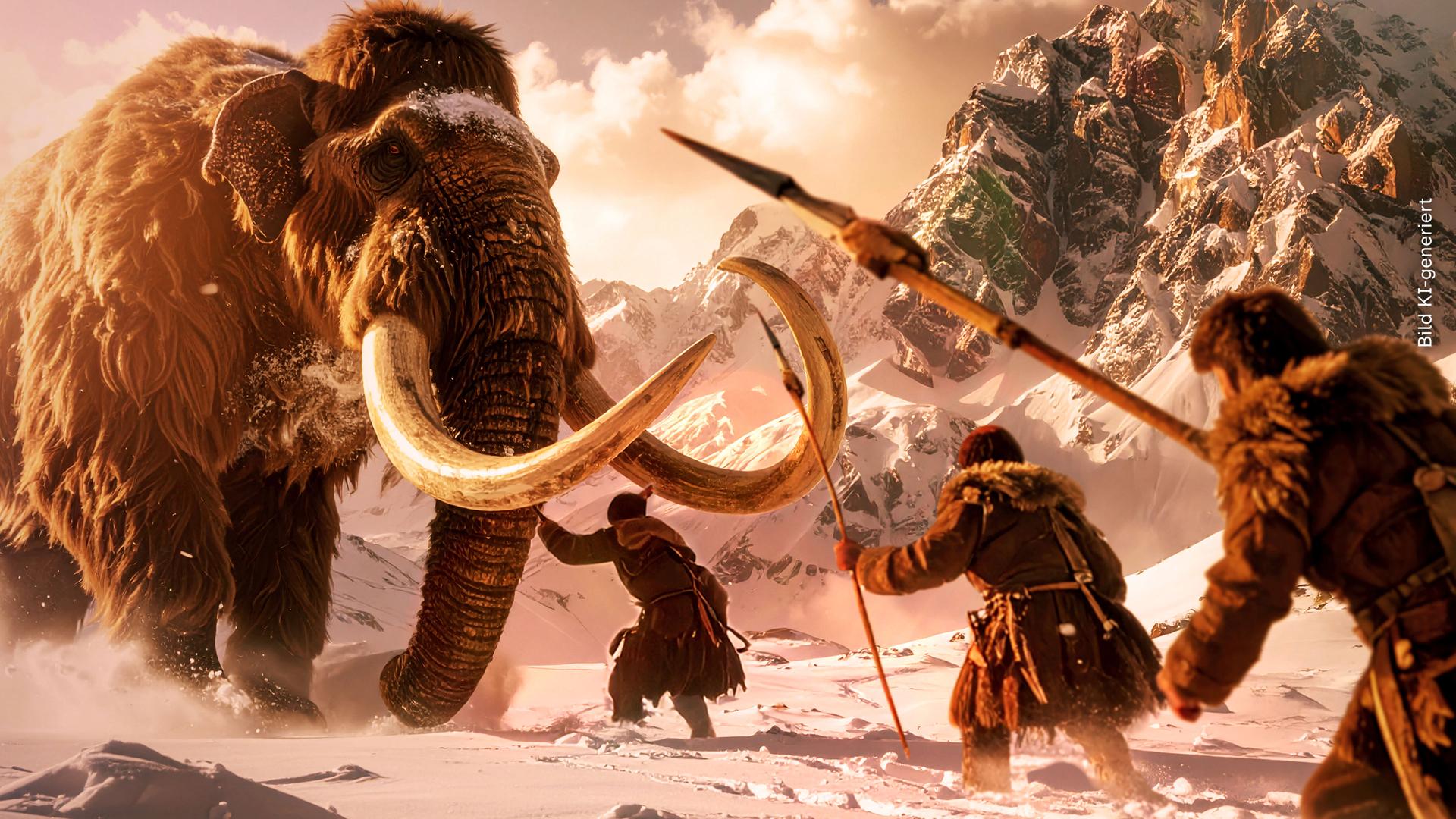 Eiszeit, eine Gruppe von Jägern stellt sich einem gewaltigen Mammut.