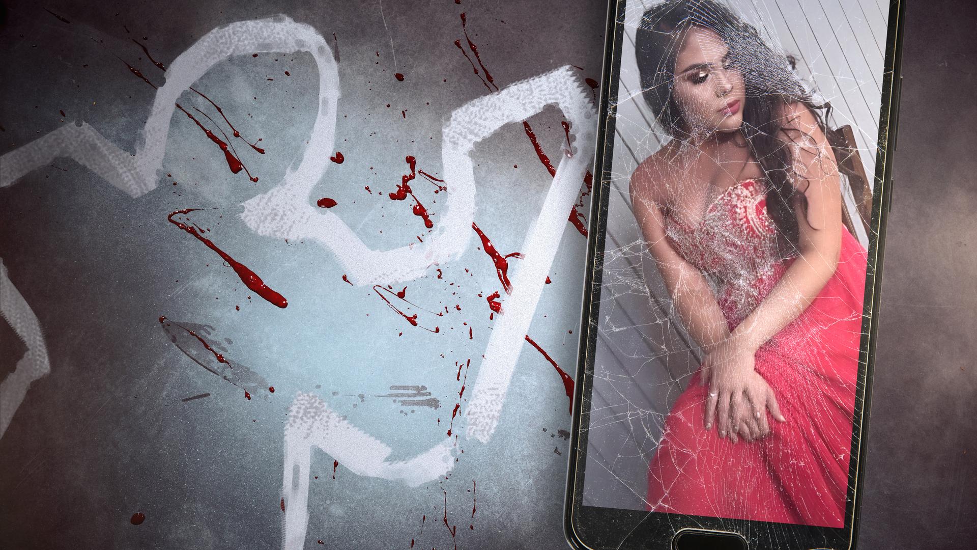 Rechts ein Smartphone mit zerbrochenem Display mit einem Bild des Opfers, links im Hintergrund eine Tatortszene mit Blutspritzern und dem aufgemalten Umriss einer Person
