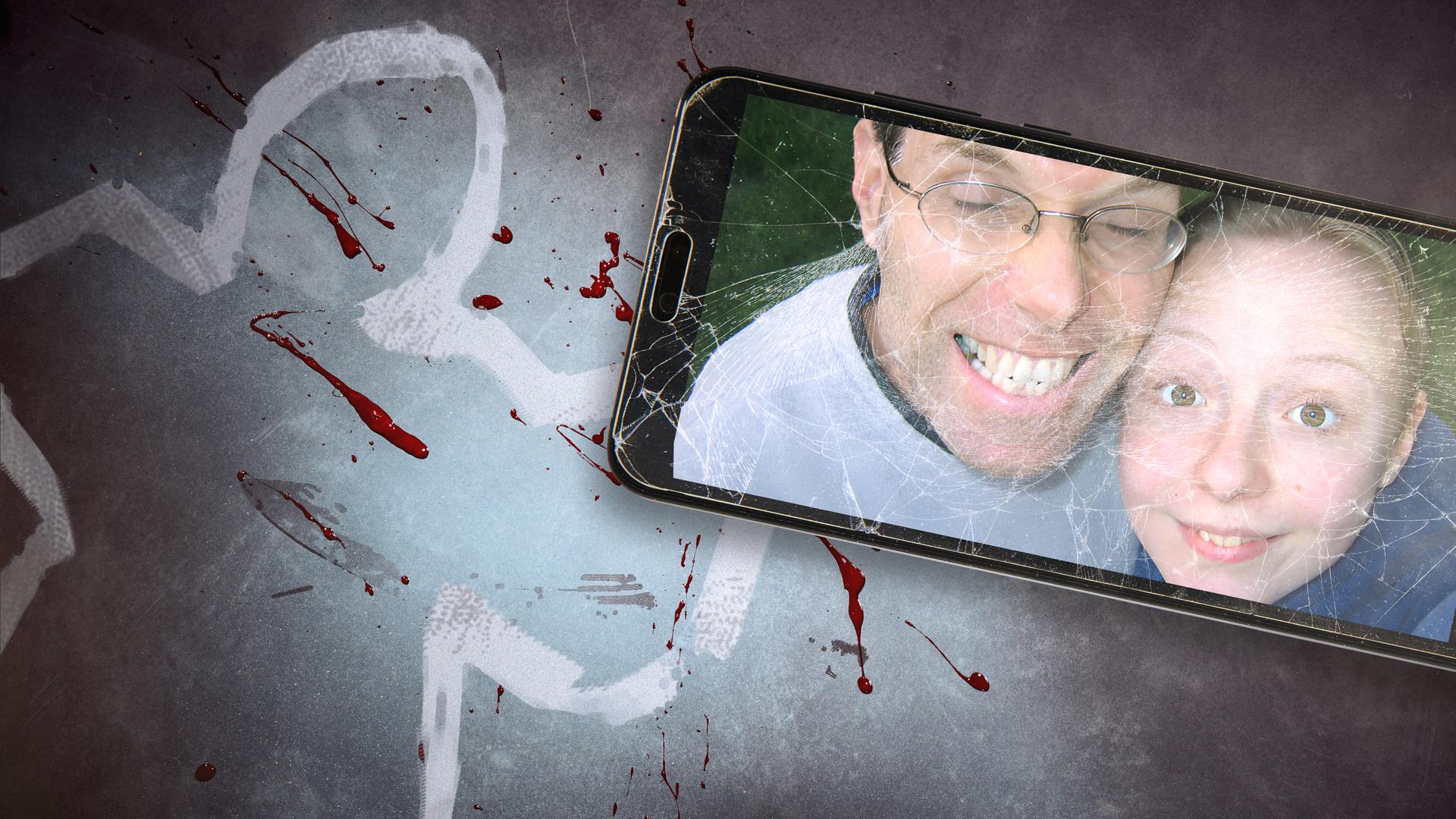 Rechts ein Smartphone mit zerbrochenem Display mit einem Bild des Opfers, links im