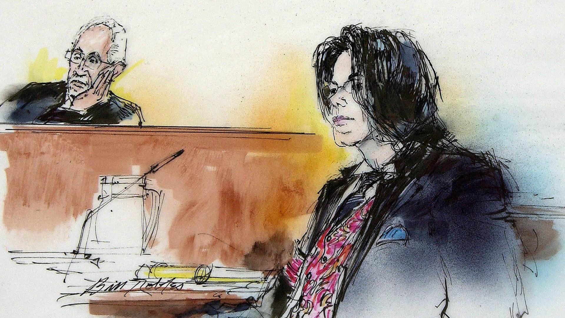 Ein Zeichnung von der Gerichtsverhandlung vom 13. Mai 2005 in Santa Maria, Kalilfornien, USA mit Michael Jackson vorne rechts und Richter Henry Melville hinten links