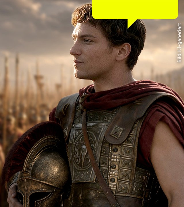 Zentral Alexander der Große, in voller Rüstung, einen Helm unterm Arm. Er blickt in die Ferne. Unscharf