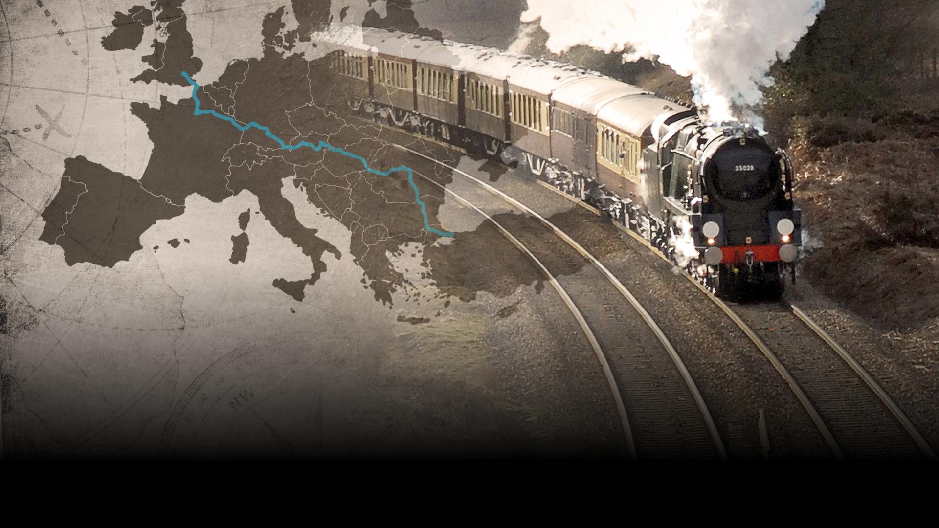 Auf der rechten Seite der Orient-Express, wie er auf den Betrachter zufährt; links eine alte Europakarte mit einem eingezeichneten Streckenverlauf vom London bis Istanbul.