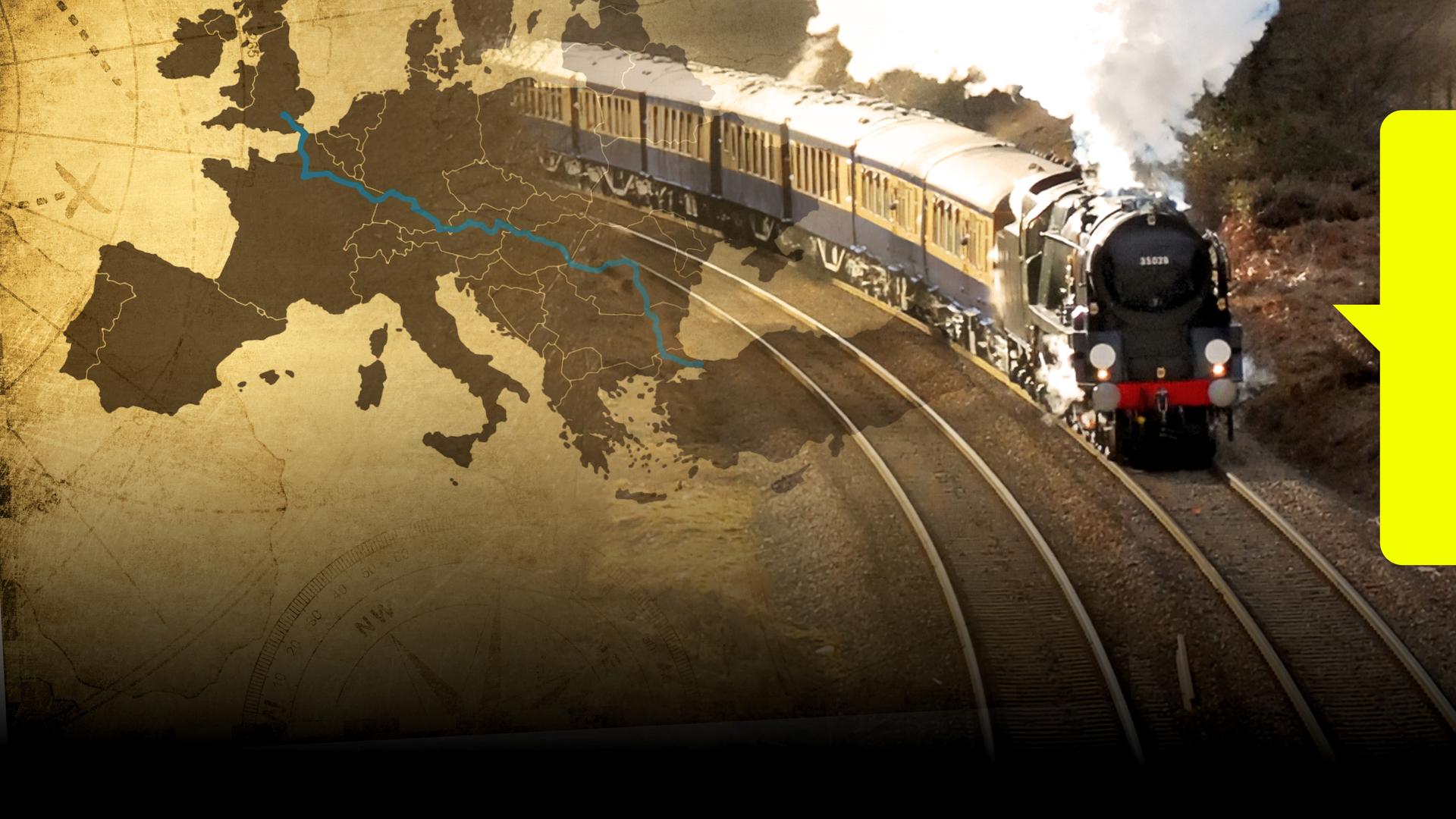 Auf der rechten Seite der Orient-Express, wie er auf den Betrachter zufährt; links eine alte Europakarte mit einem eingezeichneten Streckenverlauf vom London bis Istanbul.